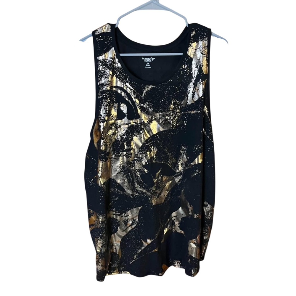 Old Navy Active Tank Top XXL Black Gold Metallic Foil Go-Dry Abstract Sleeveless